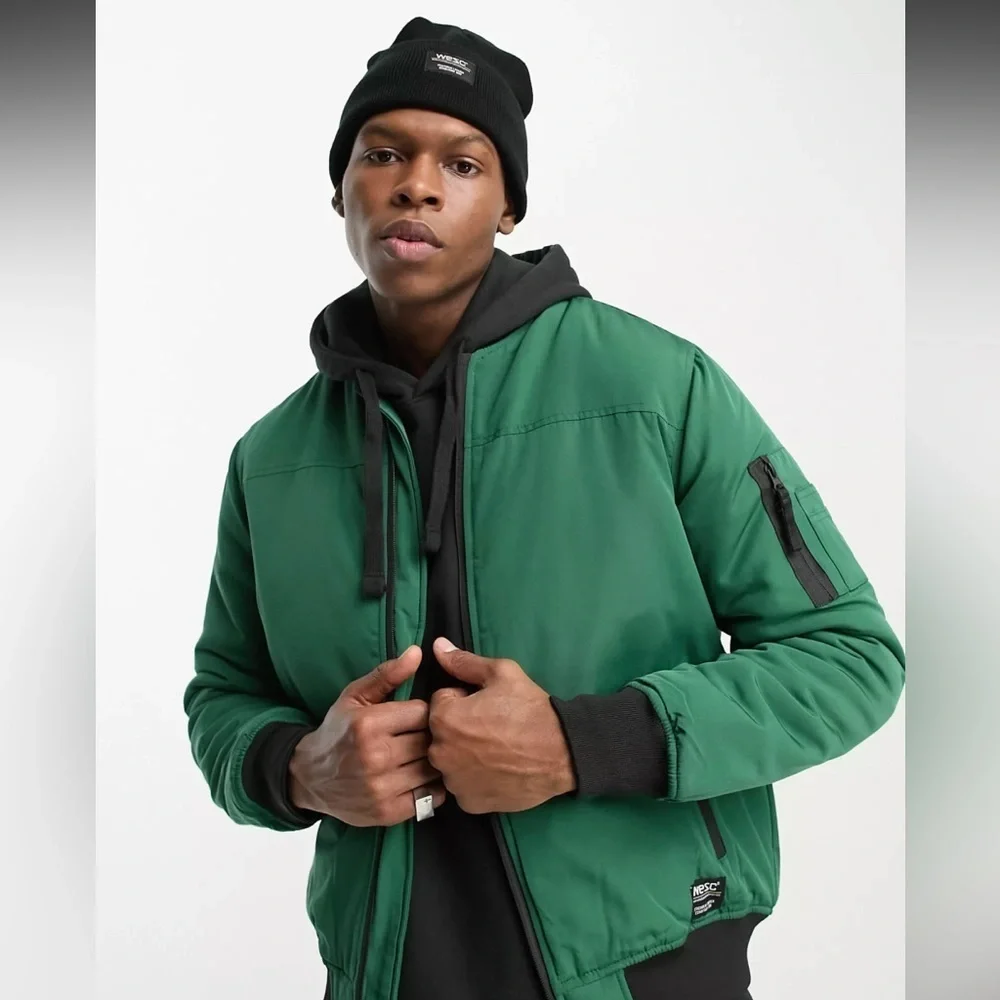 NEW WESC wasted youth logo print bomber jacket in green